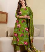 Women Floral Printed Round Neck Straight Kurta with Trousers & Dupatta