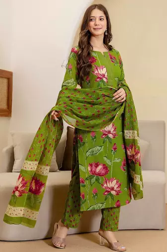 women floral printed round neck straight kurta with trousers & dupatta