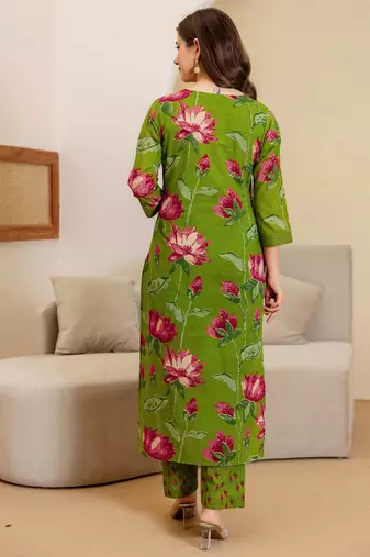 women floral printed round neck straight kurta with trousers & dupatta