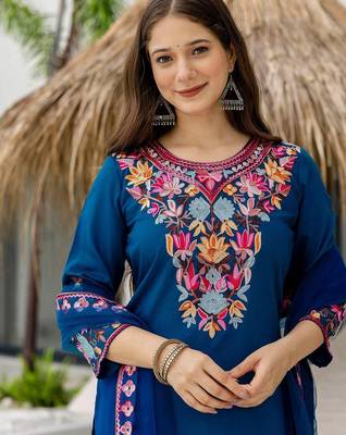 Women Ethnic Motifs Embroidered Regular Thread Work Kurta with Patiala & Dupatta 2