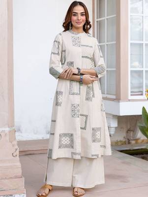 Printed Beige Cotton Blend Co Ords for Women 1