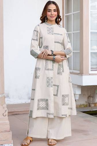 Printed Beige Cotton Blend Co Ords for Women