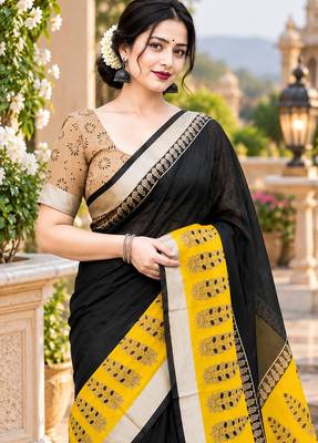 Black colour leaf digital printed linen cotton saree 5