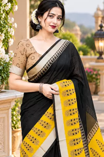 Black colour leaf digital printed linen cotton saree