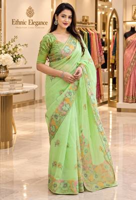 Green colour leaf digital printed linen cotton saree 5