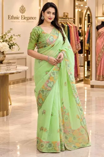 Green colour leaf digital printed linen cotton saree