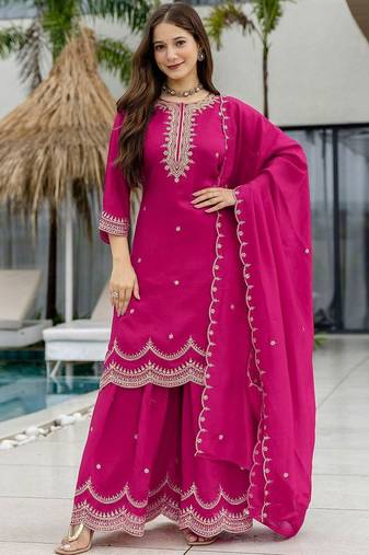 Women Ethnic Motifs Embroidered Regular Thread Work Kurta with Sharara & With Dupatta