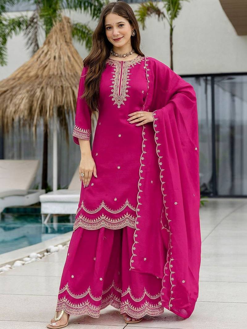 Women Ethnic Motifs Embroidered Regular Thread Work Kurta with Sharara & With Dupatta