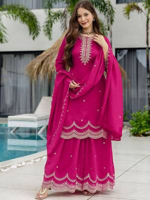 Women Ethnic Motifs Embroidered Regular Thread Work Kurta with Sharara & With Dupatta 4