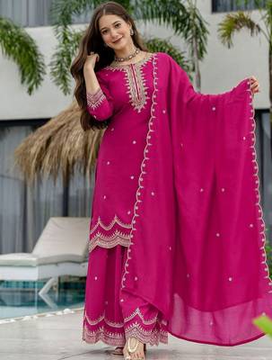 Women Ethnic Motifs Embroidered Regular Thread Work Kurta with Sharara & With Dupatta 6