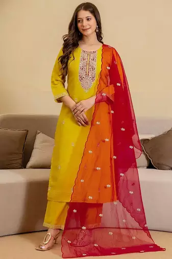 Women Ethnic Motifs Embroidered Regular Kurta with Trousers & Dupatta