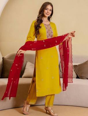 Women Ethnic Motifs Embroidered Regular Kurta with Trousers & Dupatta 4
