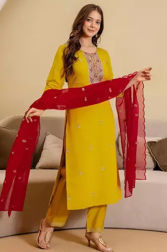 Women Ethnic Motifs Embroidered Regular Kurta with Trousers & Dupatta