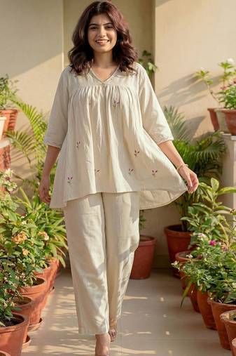 Embroidered Off White Cotton Blend Co Ords for Women
