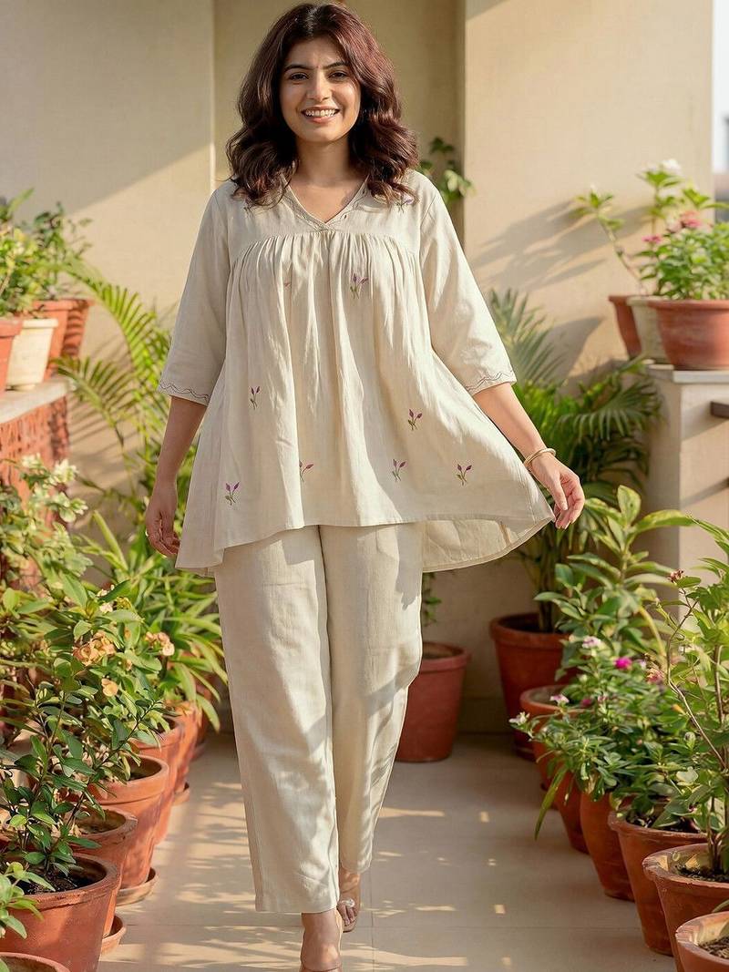 Embroidered Off White Cotton Blend Co Ords for Women