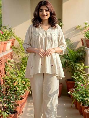 Embroidered Off White Cotton Blend Co Ords for Women 5
