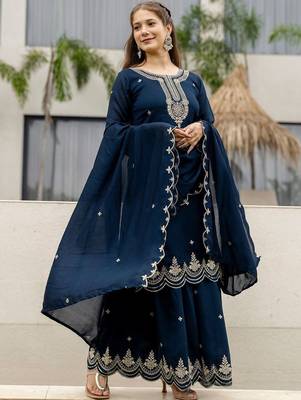 Women Ethnic Motifs Embroidered Regular Thread Work Kurta with Sharara & With Dupatta 1