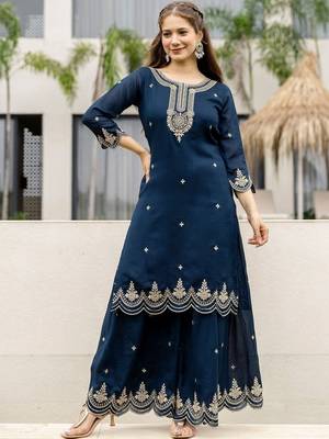 Women Ethnic Motifs Embroidered Regular Thread Work Kurta with Sharara & With Dupatta 3