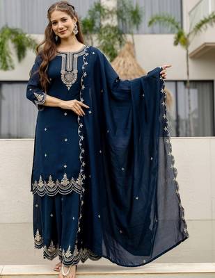 Women Ethnic Motifs Embroidered Regular Thread Work Kurta with Sharara & With Dupatta 6