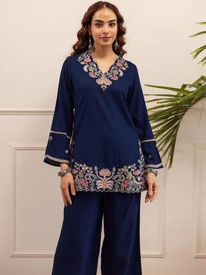 Embroidered Blue Rayon Co Ords for Women 1
