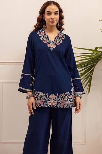 Embroidered Blue Rayon Co Ords for Women