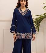 Embroidered Blue Rayon Co Ords for Women