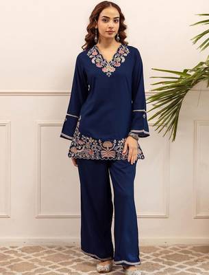 Embroidered Blue Rayon Co Ords for Women 2