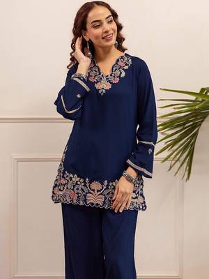 Embroidered Blue Rayon Co Ords for Women 5