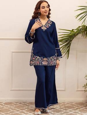 Embroidered Blue Rayon Co Ords for Women 6