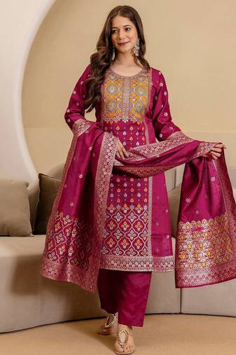 Women Woven Design Kurta with Trousers & Dupatta