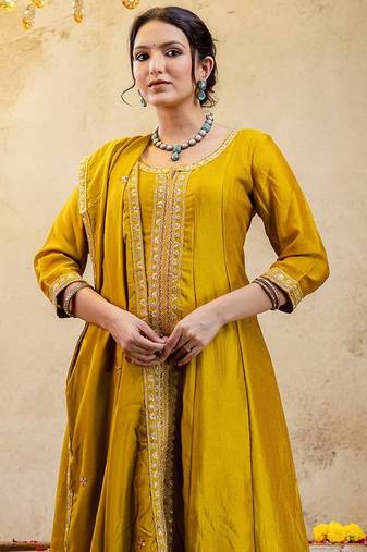 Women Ethnic Motifs Angrakha Sequinned Kurta & Trousers With Dupatta