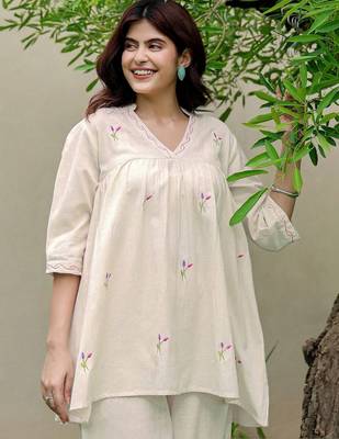 Embroidered Off White Cotton Blend Co Ords for Women 2