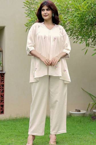 Embroidered Off White Cotton Blend Co Ords for Women