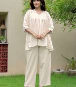 Embroidered Off White Cotton Blend Co Ords for Women