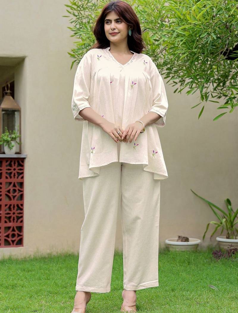 Embroidered Off White Cotton Blend Co Ords for Women
