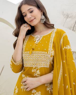 Floral Printed Tie-Up Neck Mirror Work Straight Kurta With Trouser & Dupatta 2