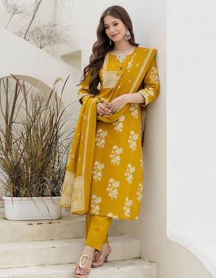 Floral Printed Tie-Up Neck Mirror Work Straight Kurta With Trouser & Dupatta 3
