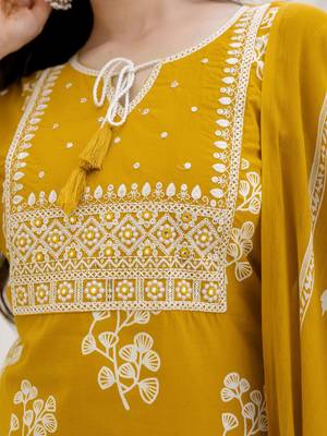 Floral Printed Tie-Up Neck Mirror Work Straight Kurta With Trouser & Dupatta 4