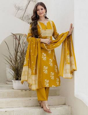 Floral Printed Tie-Up Neck Mirror Work Straight Kurta With Trouser & Dupatta 1