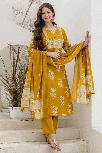 Floral Printed Tie-Up Neck Mirror Work Straight Kurta With Trouser & Dupatta