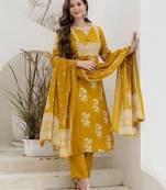 Floral Printed Tie-Up Neck Mirror Work Straight Kurta With Trouser & Dupatta