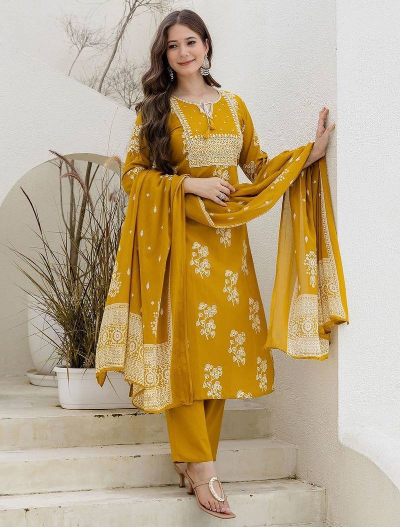 Floral Printed Tie-Up Neck Mirror Work Straight Kurta With Trouser & Dupatta