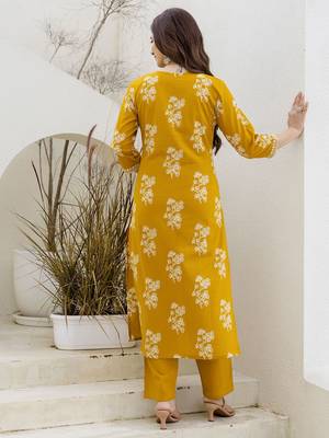 Floral Printed Tie-Up Neck Mirror Work Straight Kurta With Trouser & Dupatta 5