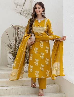 Floral Printed Tie-Up Neck Mirror Work Straight Kurta With Trouser & Dupatta 6