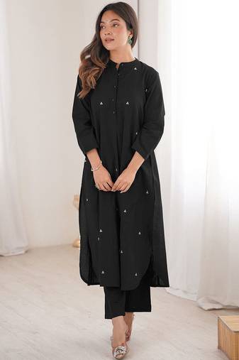 Embroidered Black Cotton Blend Co Ords for Women