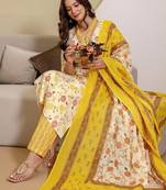 Floral Printed V-Neck Kurta With Trousers & Dupatta