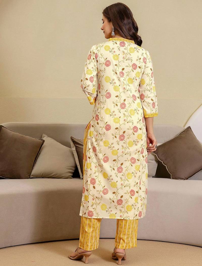 Floral Printed V-Neck Kurta With Trousers & Dupatta