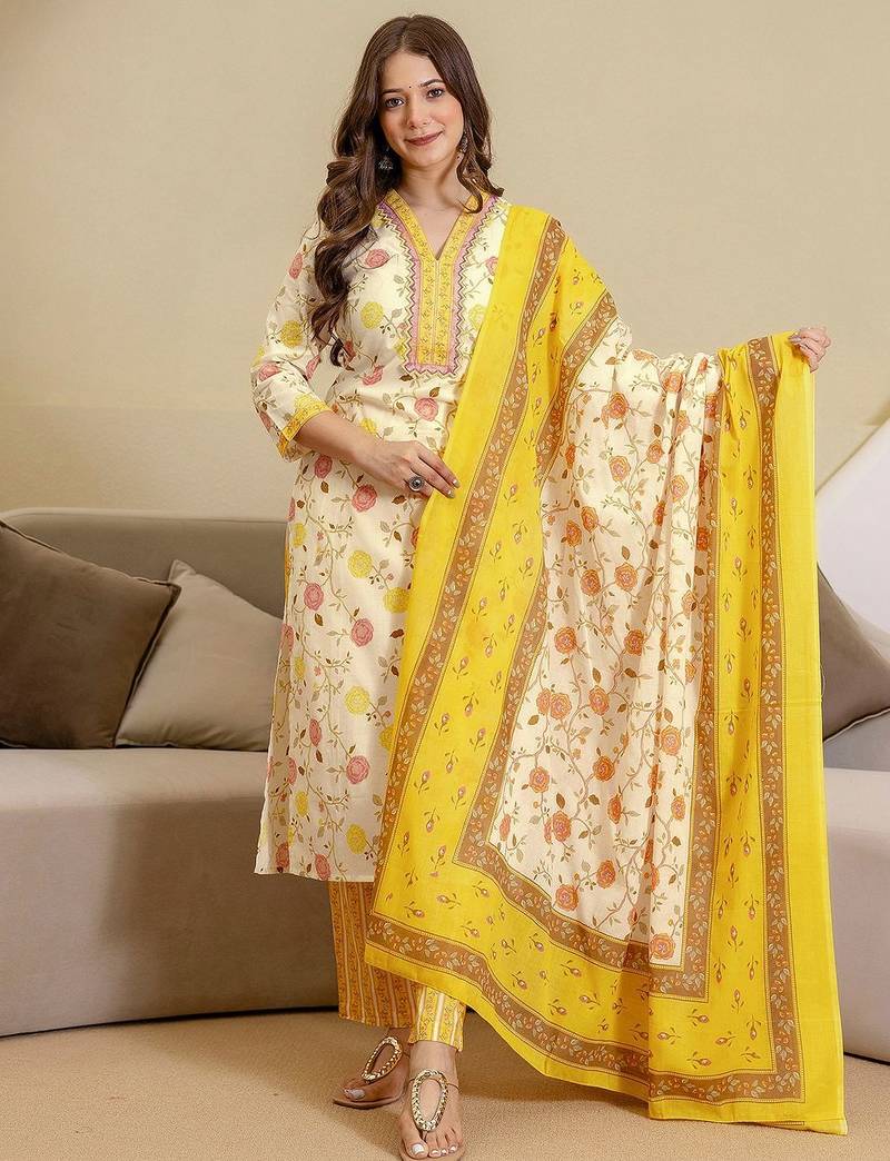 Floral Printed V-Neck Kurta With Trousers & Dupatta