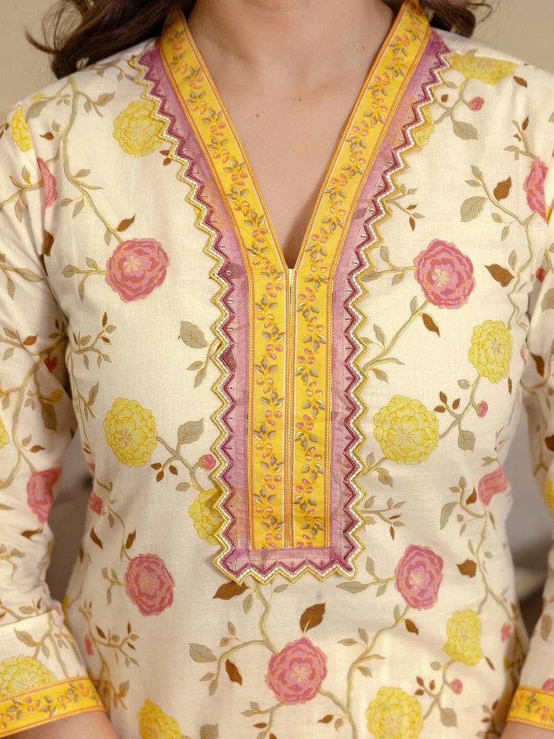 Floral Printed V-Neck Kurta With Trousers & Dupatta