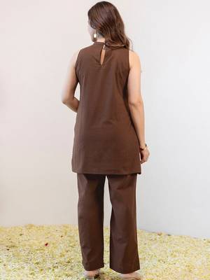 Embroidered Brown Viscose Rayon Co Ords for Women 3